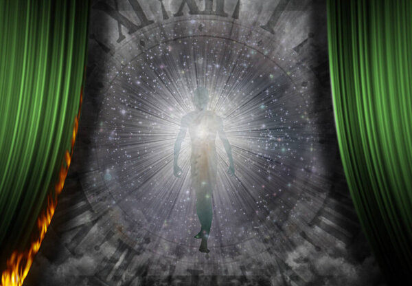 Soul or aura. Spiritual composition. Green curtain and ancient clock face. 3d rendering.