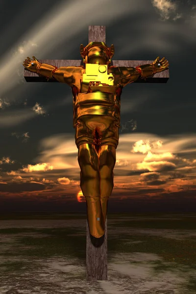 Crucified Astronaut Golden Suit Rendering — Stock Photo, Image