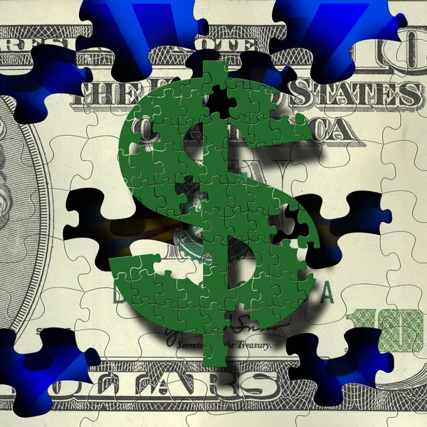 Rompecabezas Con Dinero Sobre Fondo Azul Concepto Economía Finanzas —  Fotos de Stock