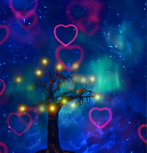 Tree Lights Butterfly Hearts — Stock Photo, Image