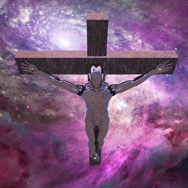 Crucified Silver Cyborg Space Rendering — Stock Photo, Image