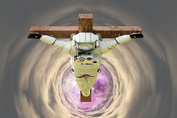 雲のトンネルの中で十字架につけられた宇宙飛行士 3Dレンダリング — ストック写真