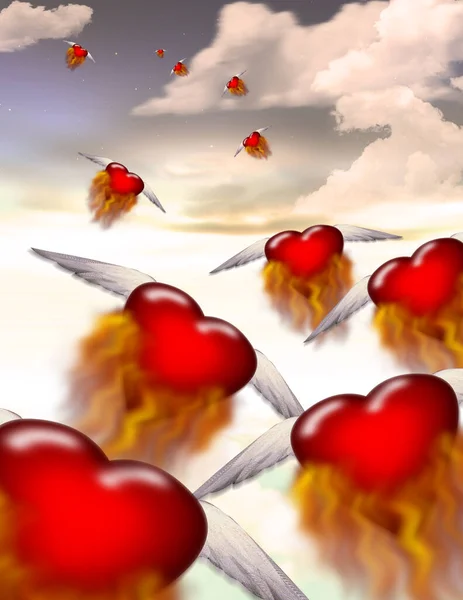 Winged Hearts Fly Formation — Stock Photo, Image