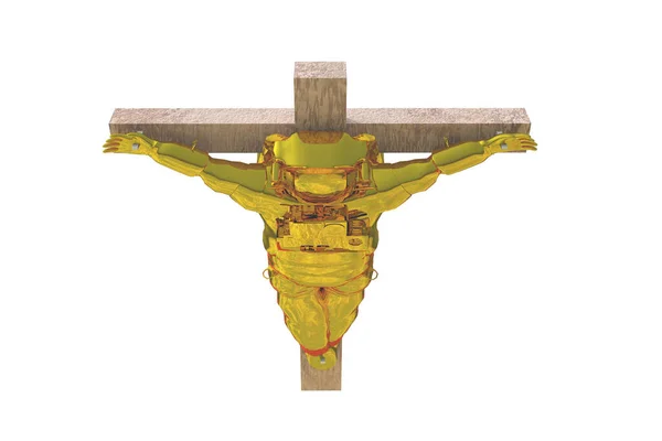 身穿金黄色西装的被钉十字架的宇航员被隔离在白色上 3D渲染 — 图库照片
