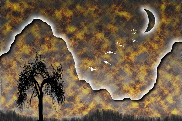 Composizione Con Silhouette Arborea Montagna Gli Uccelli Volano Sulla Luna — Foto Stock