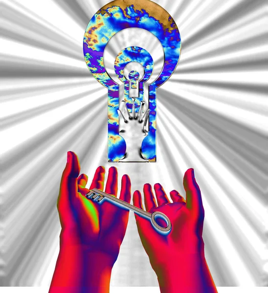 Digital Abstract Background Hands Holding Key Keyhole — Foto Stock