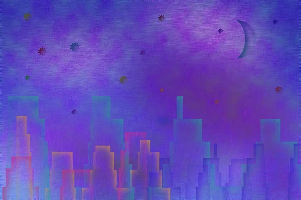 Nächtliche Stadtsilhouetten Sterne Und Mondsichel — Stockfoto