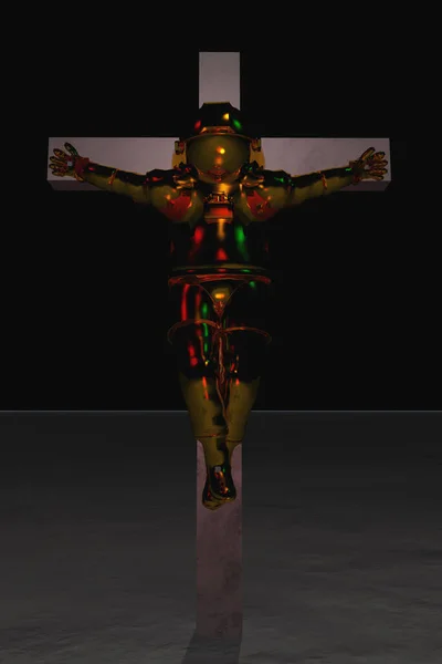 Astronauta Crucificado Isolado Terno Dourado Renderização — Fotografia de Stock