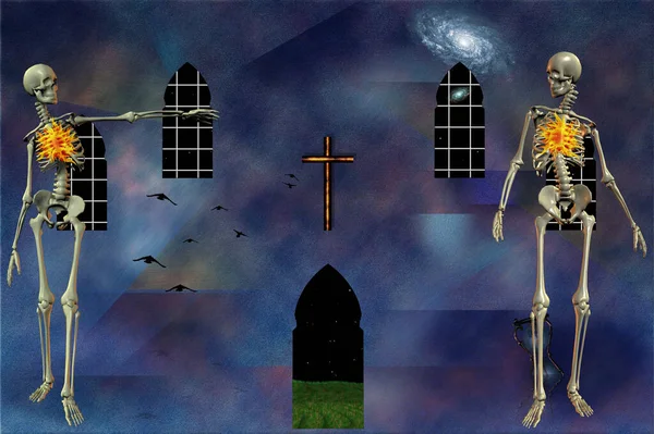 Kompozycja Duchowa Szkieletami Palącymi Słońcami Krzyżem Starożytnymi Oknami Życie Śmierć — Zdjęcie stockowe