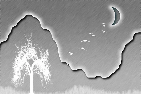 Composition Tree Silhouette Mountains Birds Fly Moon Mystic Nature Rendering — Stock Photo, Image