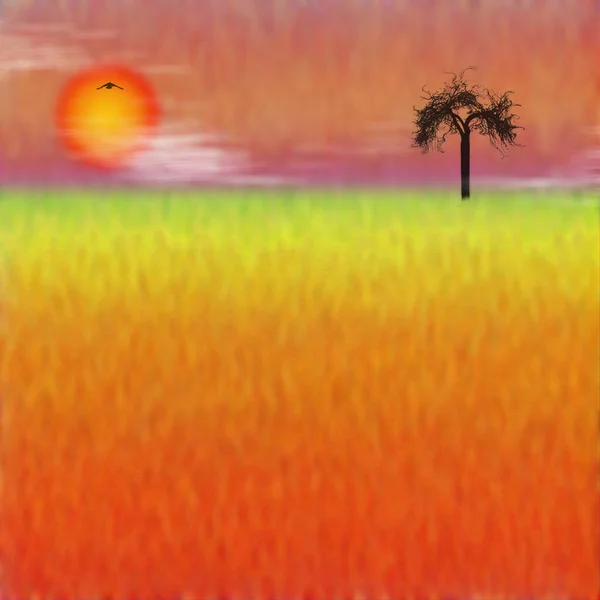 Abstrakte Landschaftsmalerei Baum Und Vogel — Stockfoto