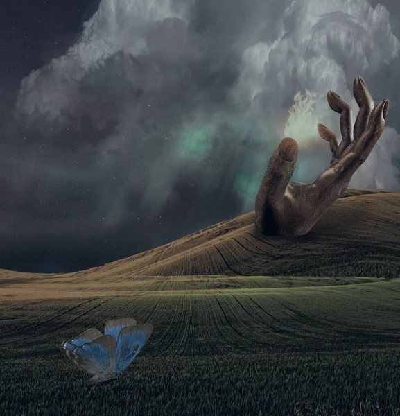 Сюрреалістичний Пейзаж Гігантською Ручною Скульптурою Вогнем Метеликом Візуалізація — стокове фото