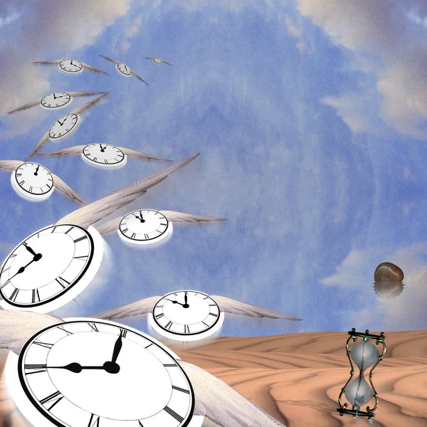 Sembolik Kompozisyon Kum Saati Yüzen Taş Kanatlı Saatler Zamanın Akışını — Stok fotoğraf
