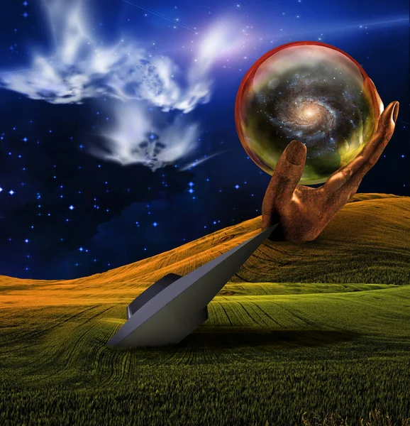 Ufo Krasch Och Gigantiska Handskulptur Holing Glas Sfär Med Galax — Stockfoto