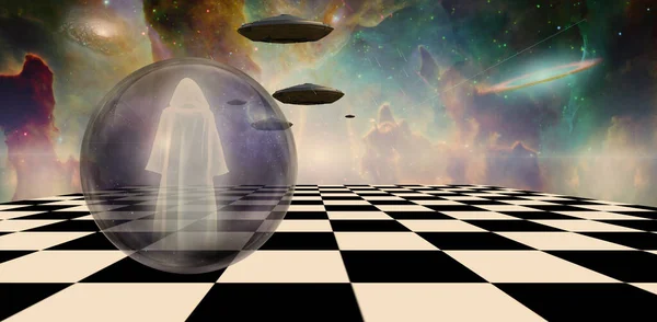 Holy Man Ufo Surreal Landscape Rendering — Stock Photo, Image