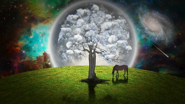 Krajobraz Fantasy Drzewa Konia — Zdjęcie stockowe