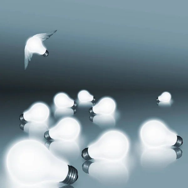 Winged Idea Lit Light Bulbs Rendering — Stock Photo, Image