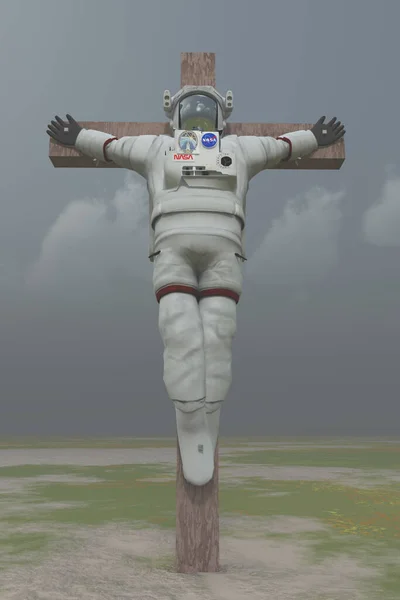Crucified Astronaut Arid Landscape Rendering — Stock Photo, Image