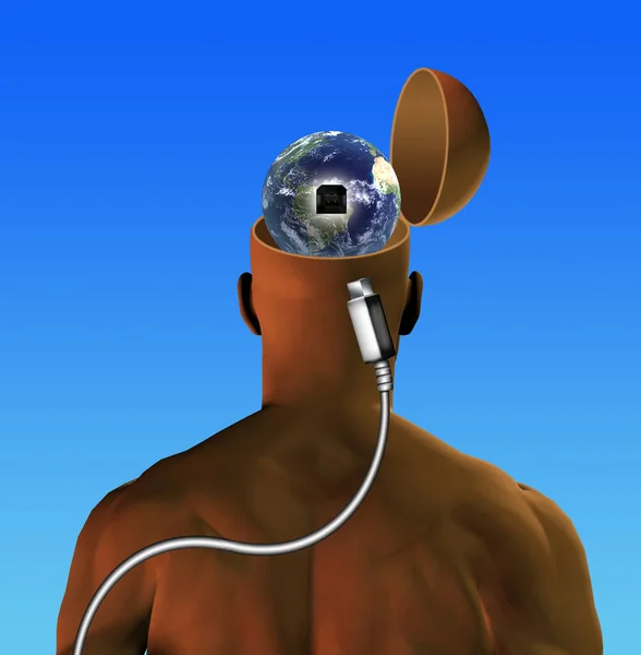 地球とのつながり オープンヘッドとUsbポートを持つ男 3Dレンダリング — ストック写真