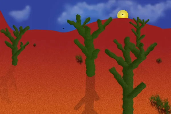 Cartoon Desert Landscape Cacti Bright Sun — Stock Photo, Image