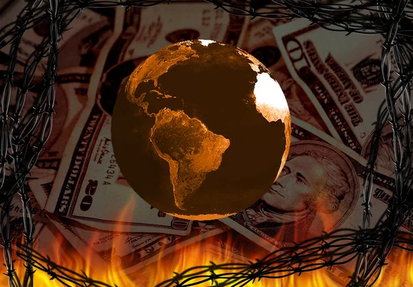 Planeet Aarde Vuur Amerikaanse Dollars Kader Van Prikkeldraad Destructie — Stockfoto