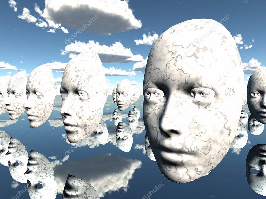 Disembodied faces or masks hover in surreal scene.