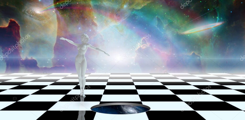 Dancer in checkered landscape and hole on the ground. 3d rendering.