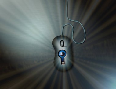 Bilgisayar faresindeki bir anahtar deliğinden göz akranları. Dijital casusluk mu? 3d oluşturma.