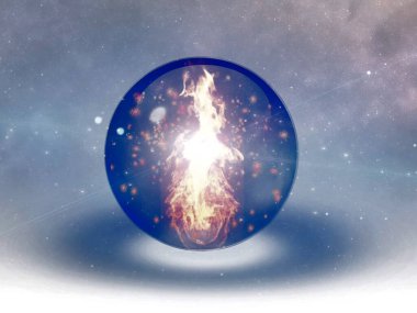 Kristal kürenin içinde alev yanıyor..