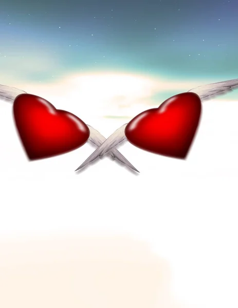 Flying Red Hearts Wings Digital Abstract Background — Foto Stock