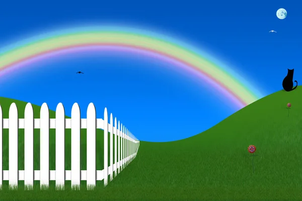 Vivid Backyard Black Cat White Fence Rainbow Rendering — Stock Photo, Image