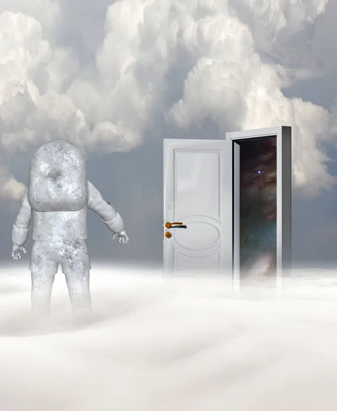 Астронавт Дивній Планеті Таємничі Двері Візуалізація — стокове фото