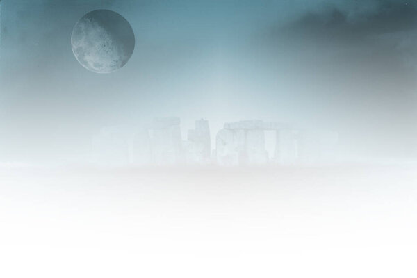 Stonehenge under full moon or planet. Surreal landscape. 3d rendering.