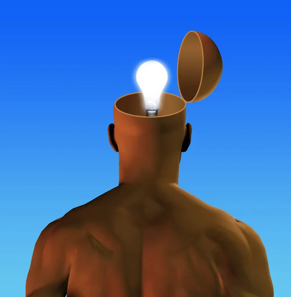 Ιδέα Του Ανθρώπου Λάμπα Πάνω Από Ανοιχτό Κεφάλι Απόδοση — Φωτογραφία Αρχείου