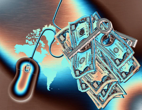 Sleutels Amerikaanse Dollars Computermuis Wereldkaart Sleutel Tot Wereldwijd Succes Destructie — Stockfoto