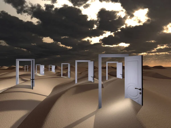 Multiple Open Doors Buried Surreal Landscape Possibilities Rendering — Stock Photo, Image