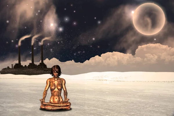 Cyborg Meditates Surreal Landscape Factory Rendering — Stock Photo, Image