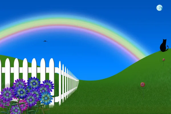 Vivid Backyard Black Cat White Fence Rainbow Rendering — Stock Photo, Image