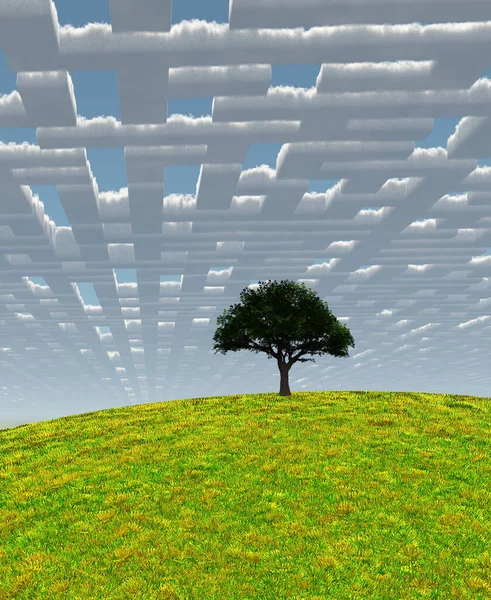 Lonely Tree Surreal Landscape Rendering — Stock Photo, Image