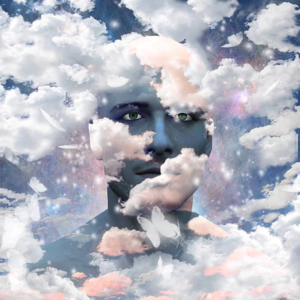 Arte Digital Surrealista Cabeza Hombre Con Mariposas Nubes Fondo Abstracto —  Fotos de Stock