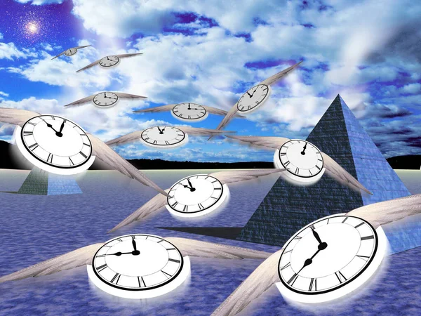 Eternal Pyramids Winged Clocks Represent Flow Time Rendering — Stock Photo, Image