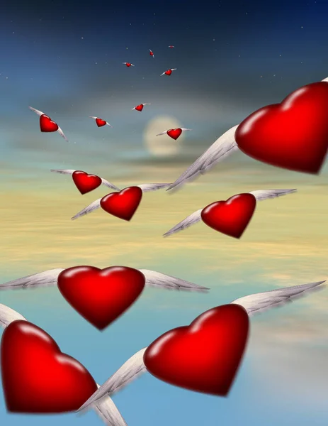 Flying Red Hearts Wings Digital Abstract Background — Stockfoto