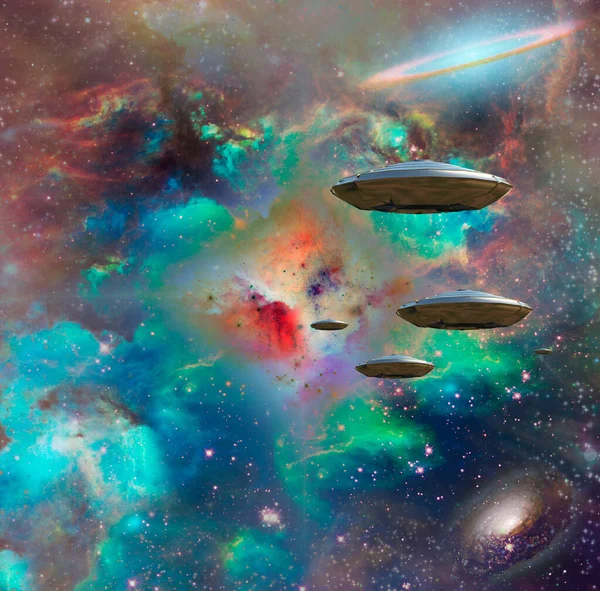Літаючі Тарілки Барвистому Всесвіті — стокове фото