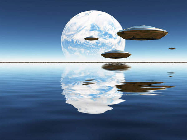 Flying saucers above water. Terraformed moon at the horizon.