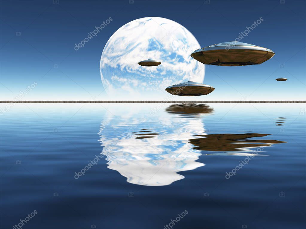 Flying saucers above water. Terraformed moon at the horizon.