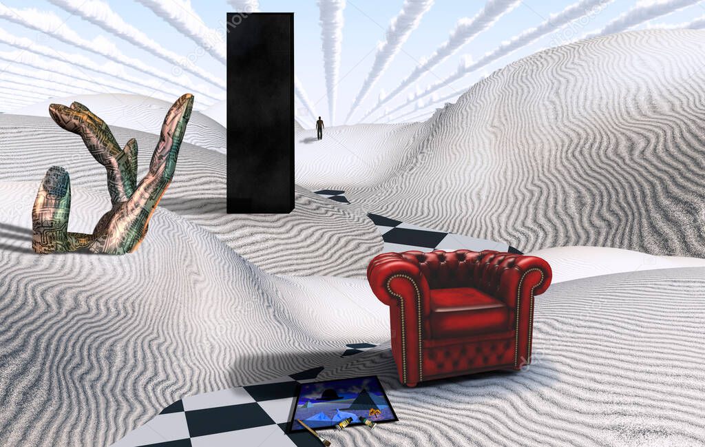 Surreal white desert with Black Monolith. Painting and armchair.