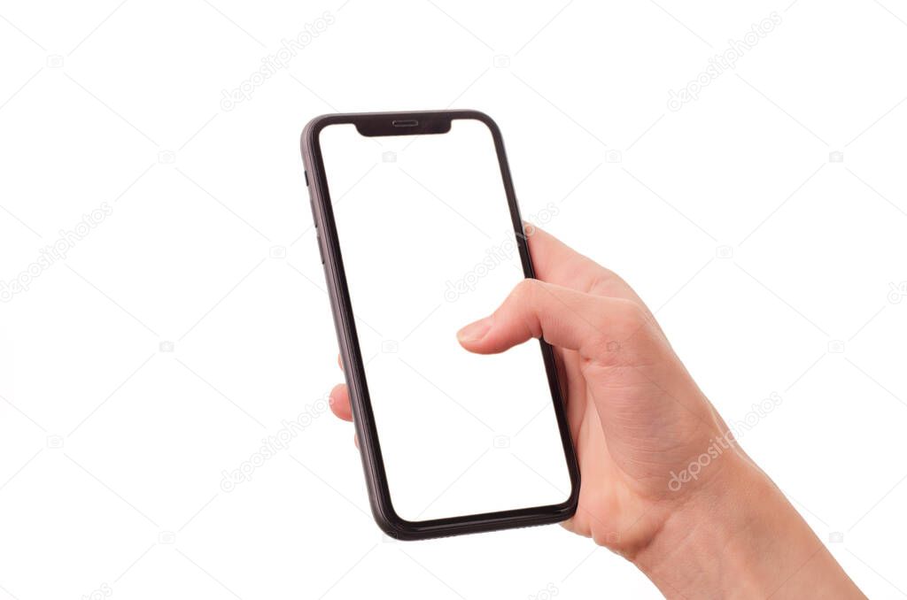 Mockup Image Of Smartphone With Blank Screen In Girl's Hand Isolated On White. Copy Space