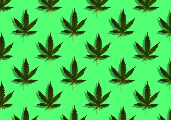 Ett Cannabisblad Grön Bakgrund Sömlöst Mönster Med Marijuana Logotypen Design — Stockfoto