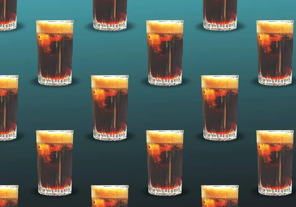 Ett Glas Cola Med Mörk Bakgrund Sömlöst Mönster Med Uppfriskande — Stockfoto