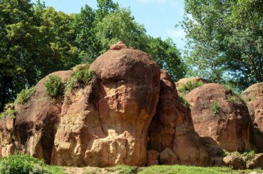 Ormandaki kırmızı kayalar. Kanyondaki parlak kaya. Yakın plan.